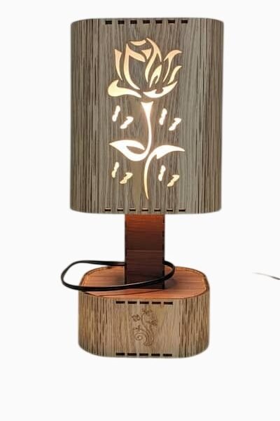 Handcrafted Laser-Cut Wooden Table Lamp with Floral Rose Design – Warm Ambient Night Light