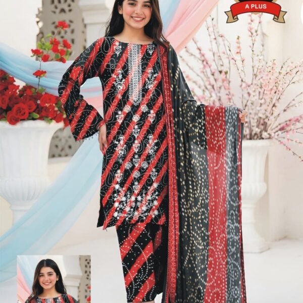 Women's Black & Red Printed Lawn Suit with Chiffon Dupatta – Premium 3 Piece Unstitched Summer Dress