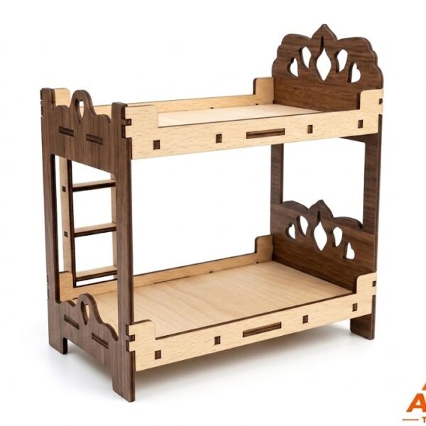 Wooden Doll Bed Toy for Girls – Miniature Bunk Bed Dollhouse Furniture Set